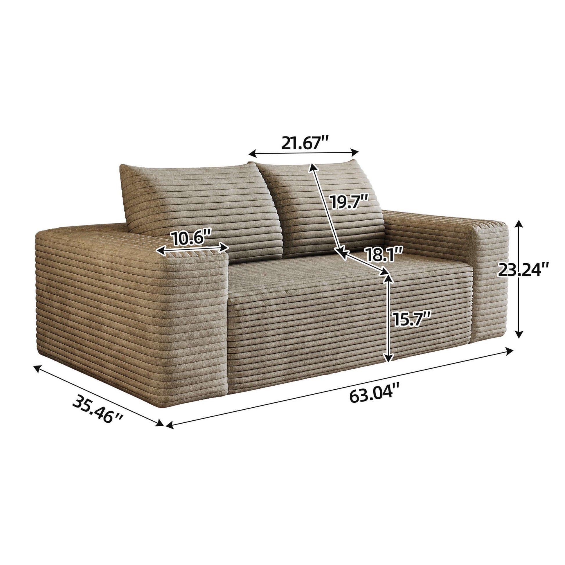 Modern Corduroy Deep Seat Loveseat Sofa – Comfy Couch (4 Colors and 3 Sizes) dimensions and design details.