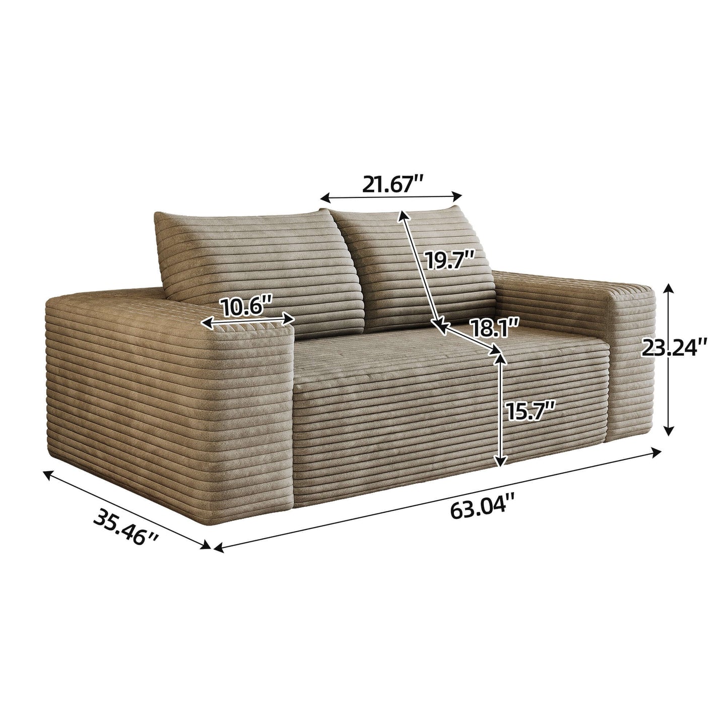 Modern Corduroy Deep Seat Loveseat Sofa – Comfy Couch (4 Colors and 3 Sizes) dimensions and design details.