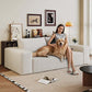 Modern Corduroy Deep Seat Loveseat Sofa – Comfy Couch (4 Colors and 3 Sizes) with a woman and dog.
