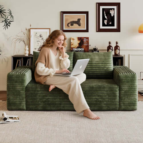 Modern Corduroy Deep Seat Loveseat Sofa – Comfy Couch in a stylish green, perfect for relaxation and lounging.