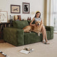 Modern Corduroy Deep Seat Loveseat Sofa – Comfy Couch (4 Colors and 3 Sizes) with woman and dog.