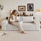 Modern Corduroy Deep Seat Loveseat Sofa – Comfy Couch (4 Colors and 3 Sizes) with woman using laptop.