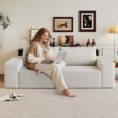 Modern Corduroy Deep Seat Loveseat Sofa – Comfy Couch (4 Colors and 3 Sizes) with woman using laptop.