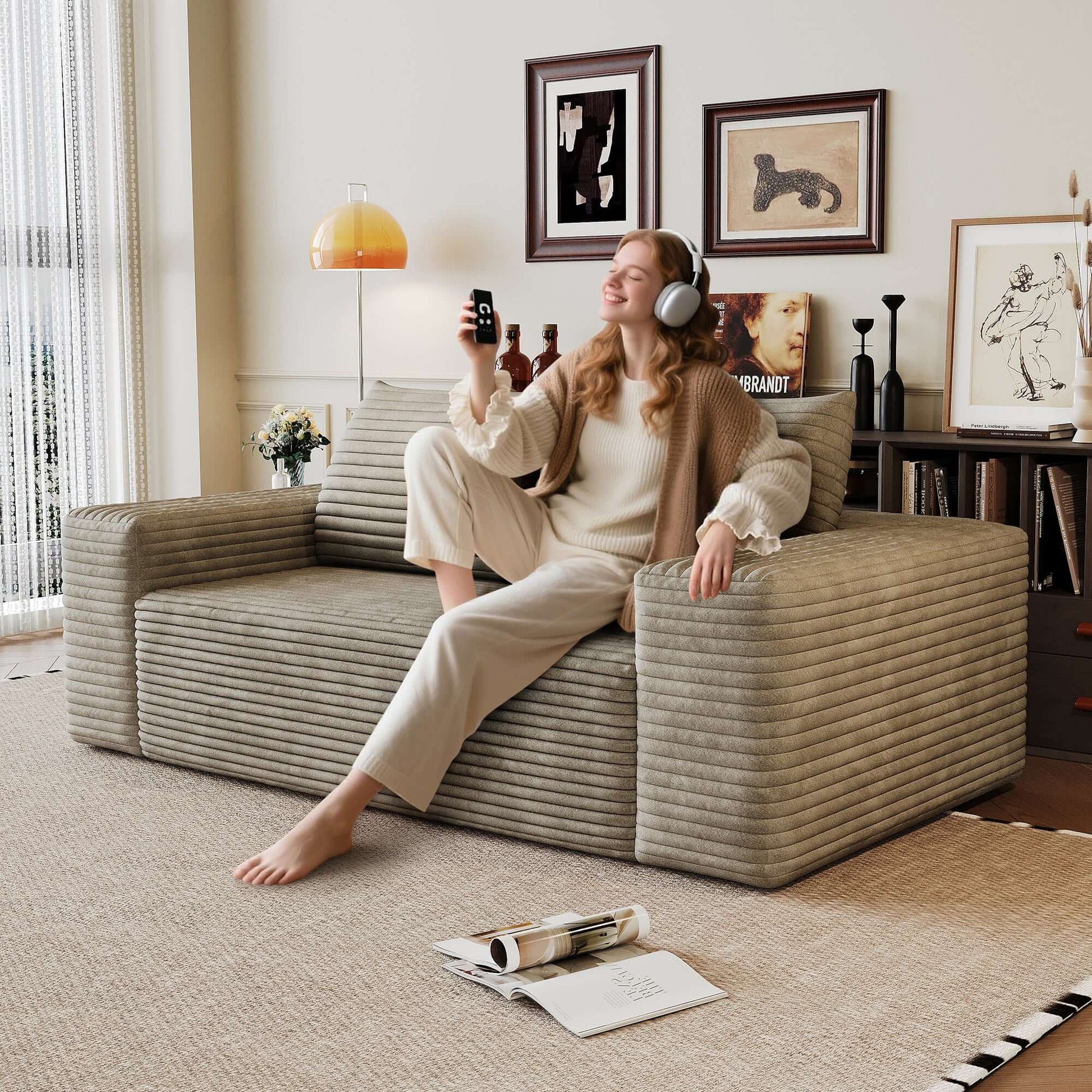 Modern Corduroy Deep Seat Loveseat Sofa – Comfy Couch (4 Colors and 3 Sizes) in a cozy living room setting.