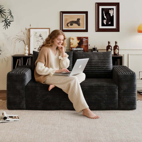 Modern Corduroy Deep Seat Loveseat Sofa – Comfy Couch (4 Colors and 3 Sizes) in stylish living room setting.