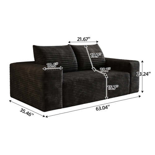 Modern Corduroy Deep Seat Loveseat Sofa – Comfy Couch (4 Colors and 3 Sizes) with dimensions shown.