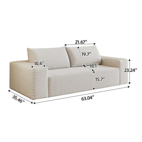 Modern Corduroy Deep Seat Loveseat Sofa – Comfy Couch (4 Colors and 3 Sizes) dimensions image showcasing size and comfort.
