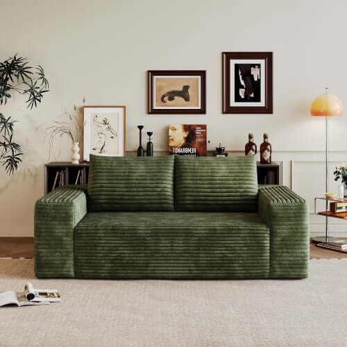 Modern Corduroy Deep Seat Loveseat Sofa – Comfy Couch (4 Colors and 3 Sizes) in green corduroy fabric.