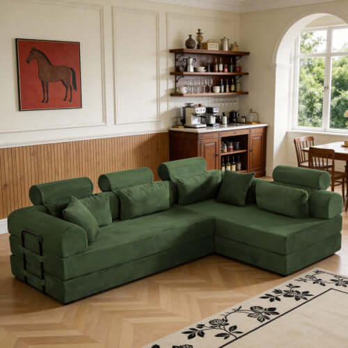 Modern Corduroy Sleeper Sectional – L-Shape Modular Sofa Bed (106” Convertible Couch) in green fabric with pillows.