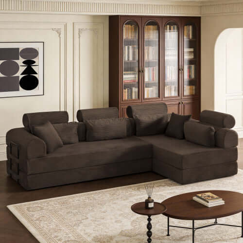 Modern Corduroy Sleeper Sectional – L-Shape Modular Sofa Bed (106” Convertible Couch) in cozy living room setting.