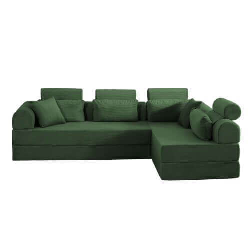 Modern Corduroy Sleeper Sectional – L-Shape Modular Sofa Bed (106” Convertible Couch) in green corduroy upholstery.