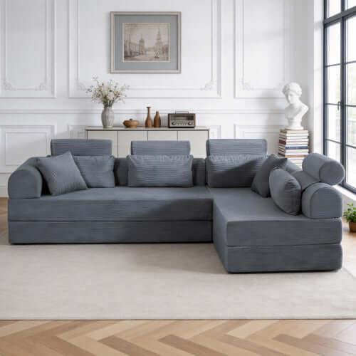 Modern Corduroy Sleeper Sectional – L-Shape Modular Sofa Bed (106” Convertible Couch) in a stylish living room setting.