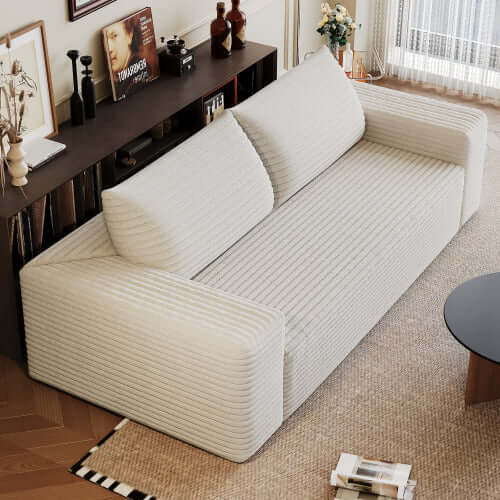 Modern Corduroy Deep Seat Loveseat Sofa – Comfy Couch in light color, showcased in modern living room setting.