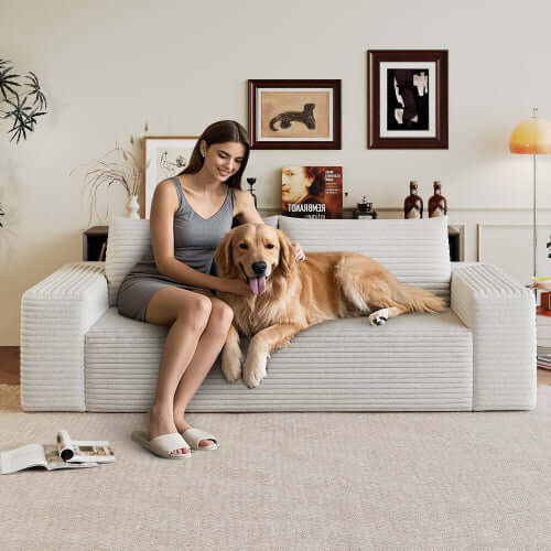 Modern Corduroy Deep Seat Loveseat Sofa – Comfy Couch (4 Colors and 3 Sizes) with a woman and a dog.
