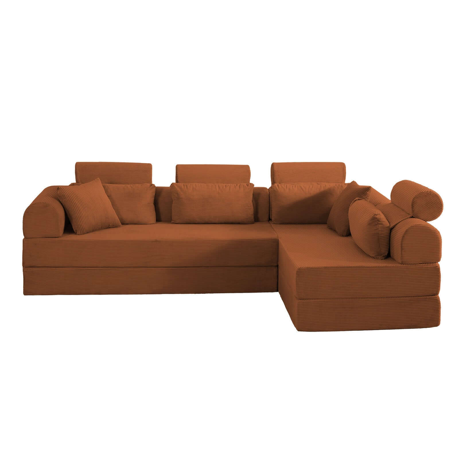 Modern Corduroy Sleeper Sectional – L-Shape Modular Sofa Bed (106” Convertible Couch) in warm brown color.