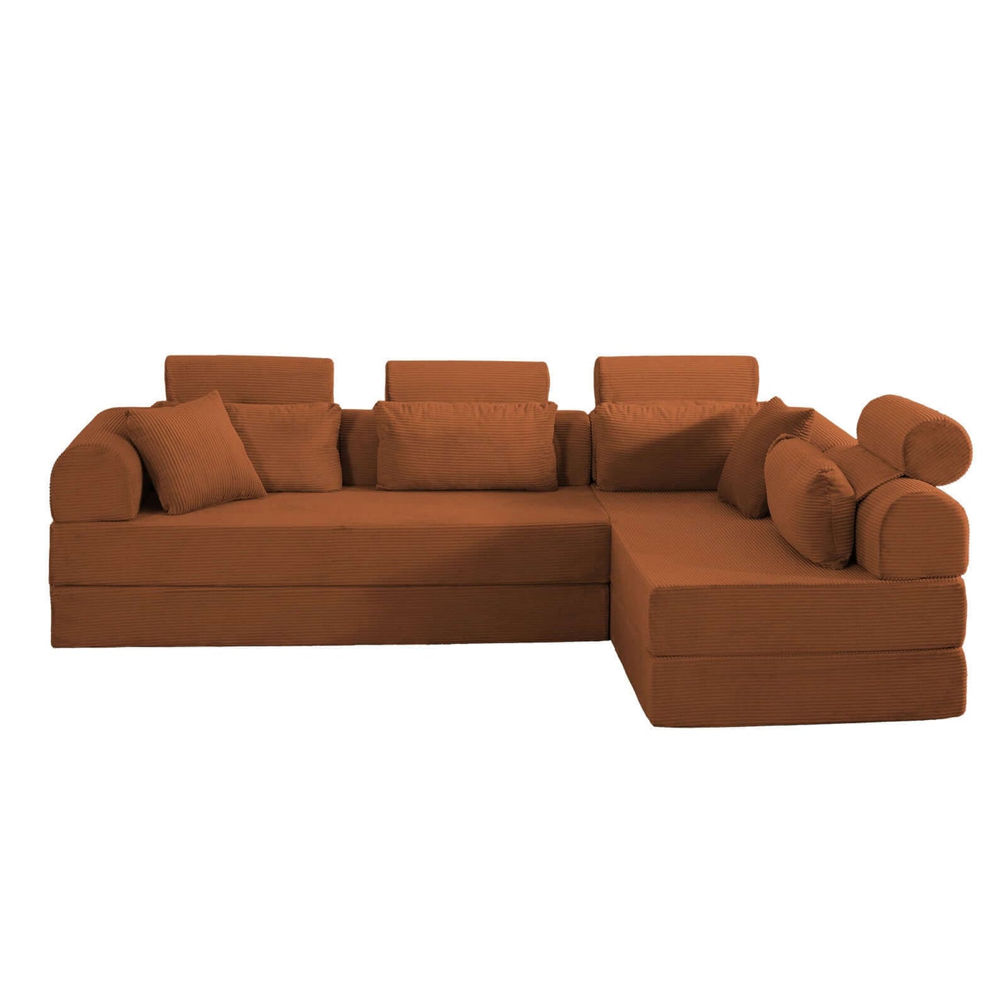 Modern Corduroy Sleeper Sectional – L-Shape Modular Sofa Bed (106” Convertible Couch) in warm brown color.