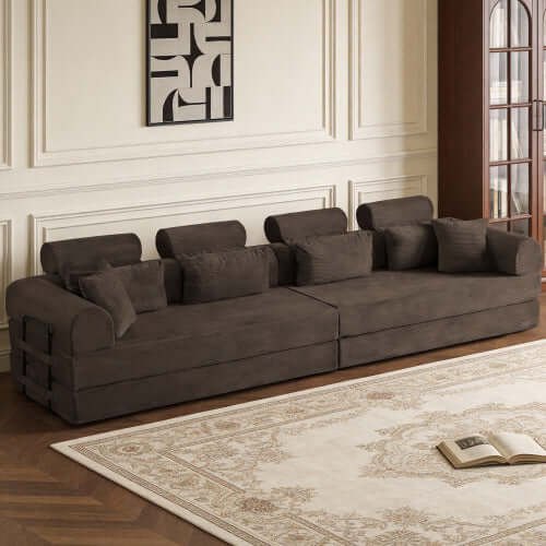 Modern Corduroy Sleeper Sectional – L-Shape Modular Sofa Bed (106” Convertible Couch) in a cozy living room setting.