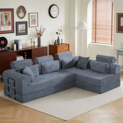 Modern Corduroy Sleeper Sectional – L-Shape Modular Sofa Bed (106” Convertible Couch) in a cozy living room setting.