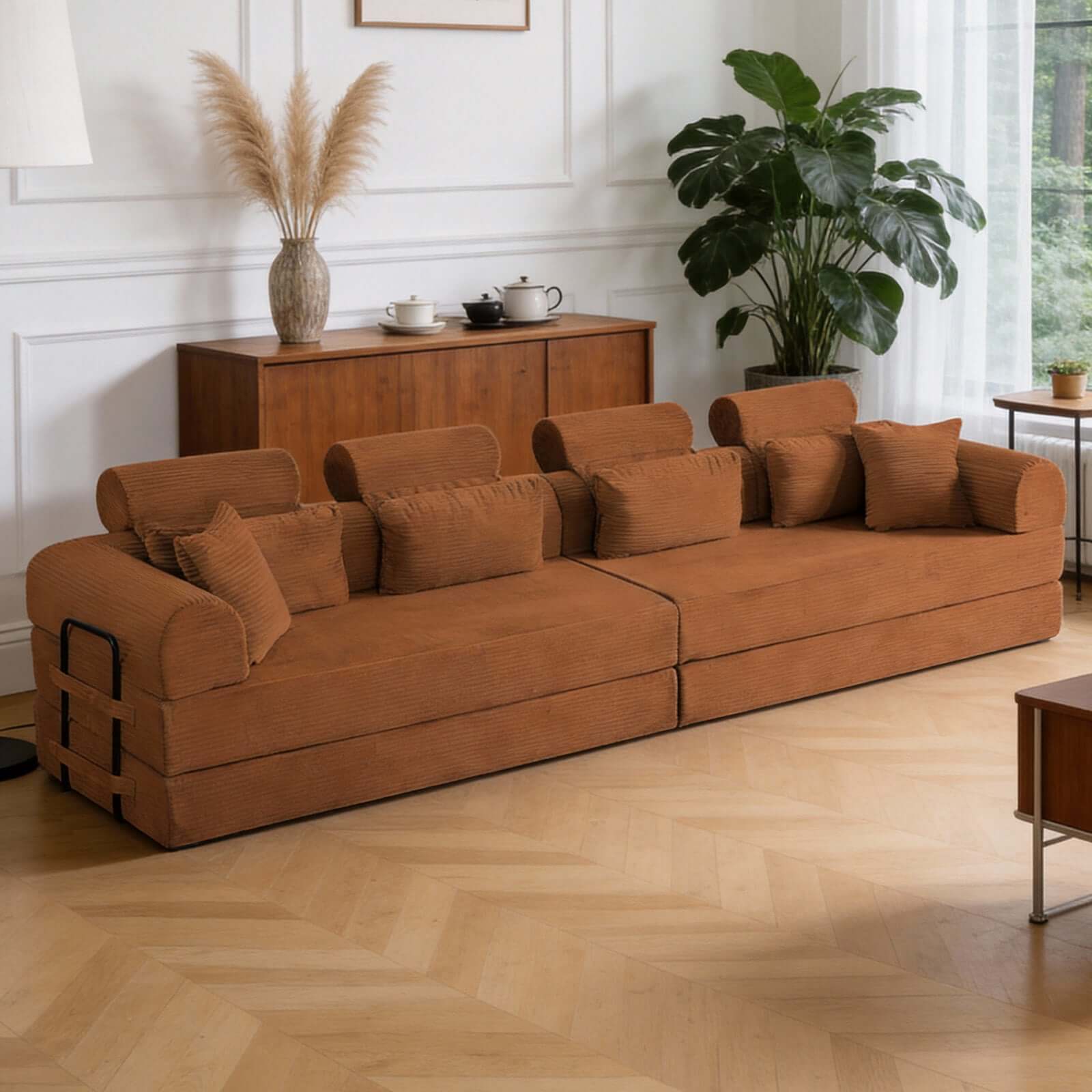 Modern Corduroy Sleeper Sectional – L-Shape Modular Sofa Bed (106” Convertible Couch) with cozy ribbed texture.