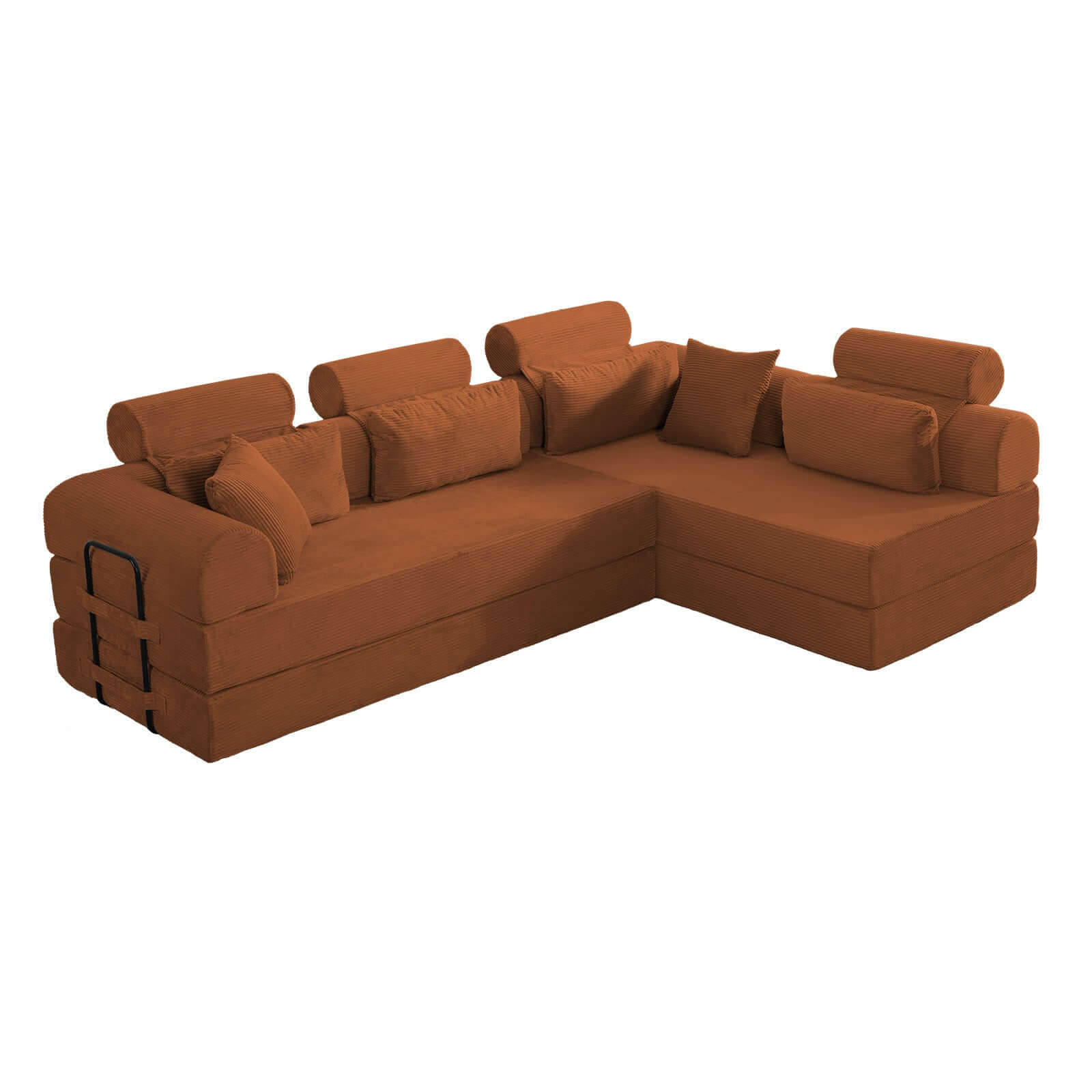 Modern Corduroy Sleeper Sectional – L-Shape Modular Sofa Bed (106” Convertible Couch) in rich brown color.
