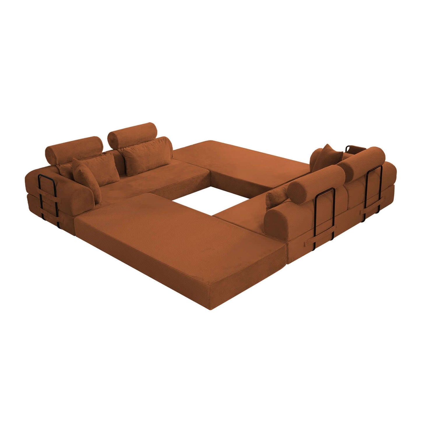 Modern Corduroy Sleeper Sectional – L-Shape Modular Sofa Bed (106” Convertible Couch) in warm brown color.