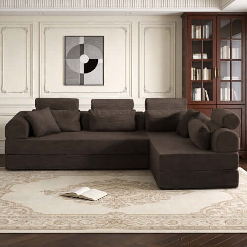 Modern Corduroy Sleeper Sectional – L-Shape Modular Sofa Bed (106” Convertible Couch) in a cozy living room setting.
