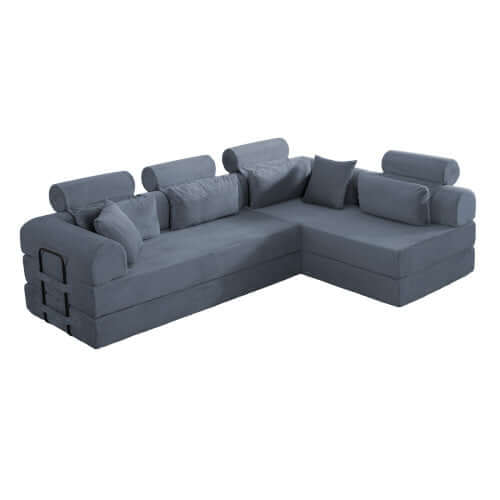 Modern Corduroy Sleeper Sectional – L-Shape Modular Sofa Bed (106” Convertible Couch) in soft gray upholstery.