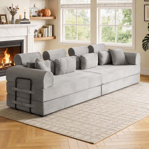 Modern Corduroy Sleeper Sectional – L-Shape Modular Sofa Bed (106” Convertible Couch) in a cozy living room setting.