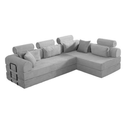 Modern Corduroy Sleeper Sectional – L-Shape Modular Sofa Bed (106” Convertible Couch) in soft gray upholstery.