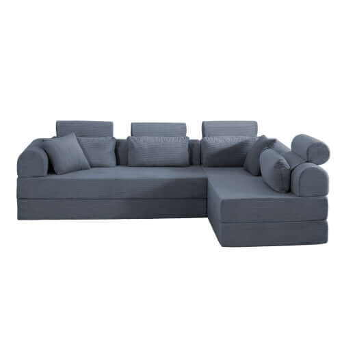 Modern Corduroy Sleeper Sectional – L-Shape Modular Sofa Bed (106” Convertible Couch) in gray with cozy cushions.