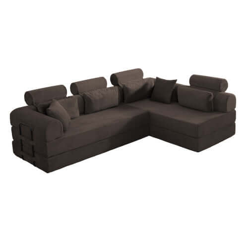 Modern Corduroy Sleeper Sectional – L-Shape Modular Sofa Bed (106” Convertible Couch) in dark fabric with plush cushions.