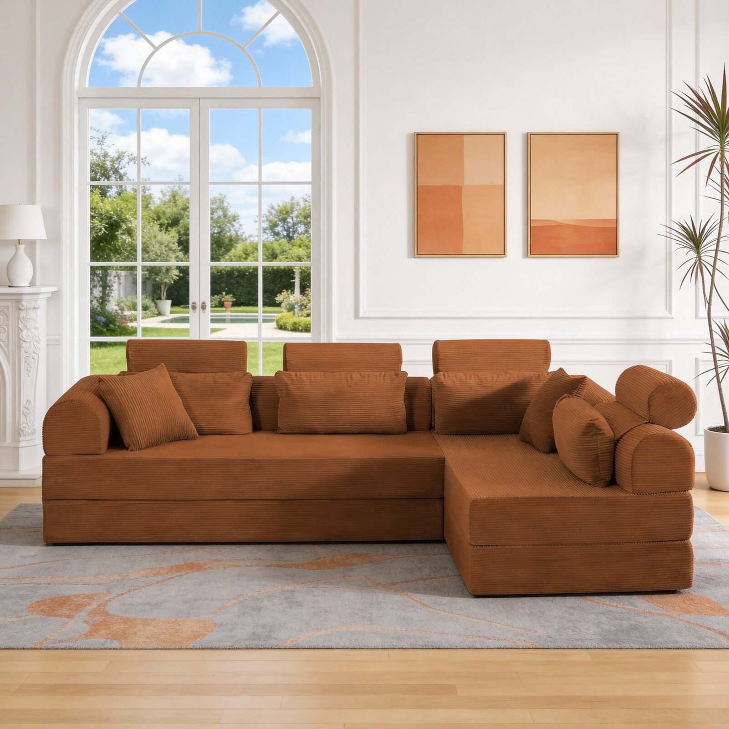 Modern Corduroy Sleeper Sectional – L-Shape Modular Sofa Bed (106” Convertible Couch) in cozy ribbed texture.