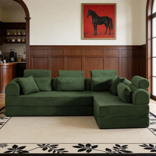 Modern Corduroy Sleeper Sectional – L-Shape Modular Sofa Bed (106” Convertible Couch) in green fabric setting.