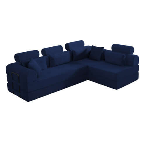 Modern Corduroy Sleeper Sectional – L-Shape Modular Sofa Bed (106” Convertible Couch) in dark blue with plush cushions.