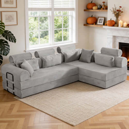 Modern Corduroy Sleeper Sectional – L-Shape Modular Sofa Bed (106” Convertible Couch) in a cozy living room setting.