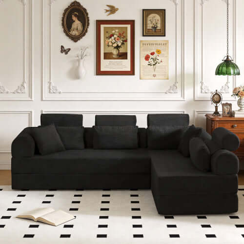 Modern Corduroy Sleeper Sectional – L-Shape Modular Sofa Bed (106” Convertible Couch) in a stylish living room setting.