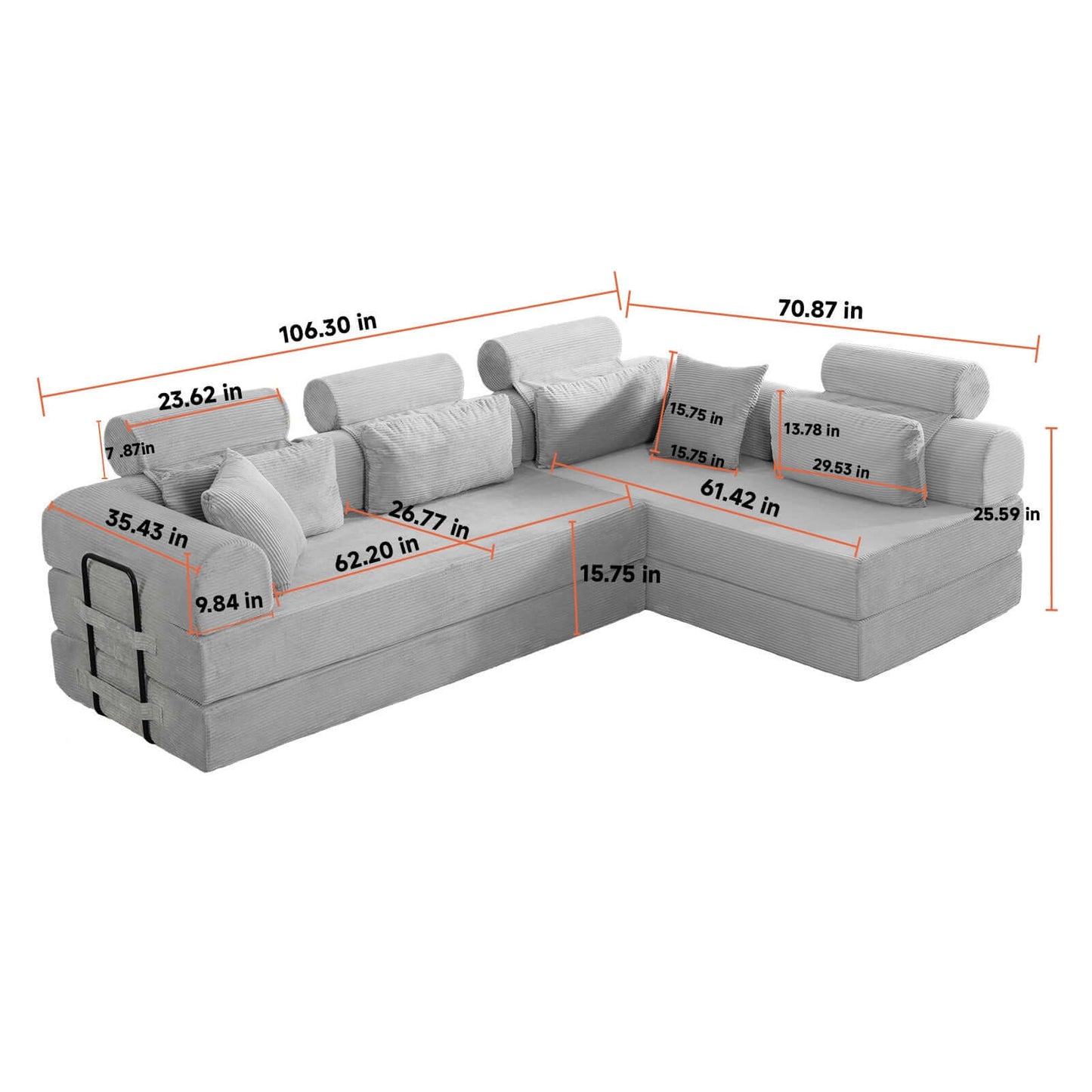 Modern Corduroy Sleeper Sectional – L-Shape Modular Sofa Bed (106” Convertible Couch) dimensions and layout visualization.