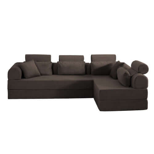 Modern Corduroy Sleeper Sectional – L-Shape Modular Sofa Bed (106” Convertible Couch) in dark brown fabric.