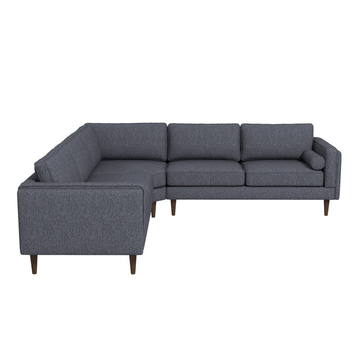 The Ashcroft Furniture Amber MCM Corner Sectional Sofa 103 features a modern Mid-Century design with dark grey upholstery, three seat and back cushions, wooden legs, clean lines, and is available in 5 colors.
