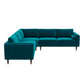 The Ashcroft Furniture Amber MCM Corner Sectional Sofa 103” in teal features angled armrests, a bolster pillow, wooden legs, and premium craftsmanship—shown with three seat cushions per side against a plain white background.