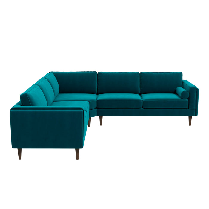 The Ashcroft Furniture Amber MCM Corner Sectional Sofa 103” in teal features angled armrests, a bolster pillow, wooden legs, and premium craftsmanship—shown with three seat cushions per side against a plain white background.