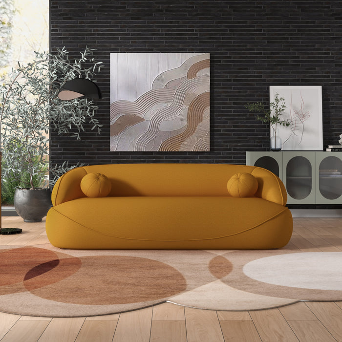 Modern Curved Boucle Sofa 84” (3 Colors) – Andrew Minimalist Sculptural Couch in a contemporary living room setting.