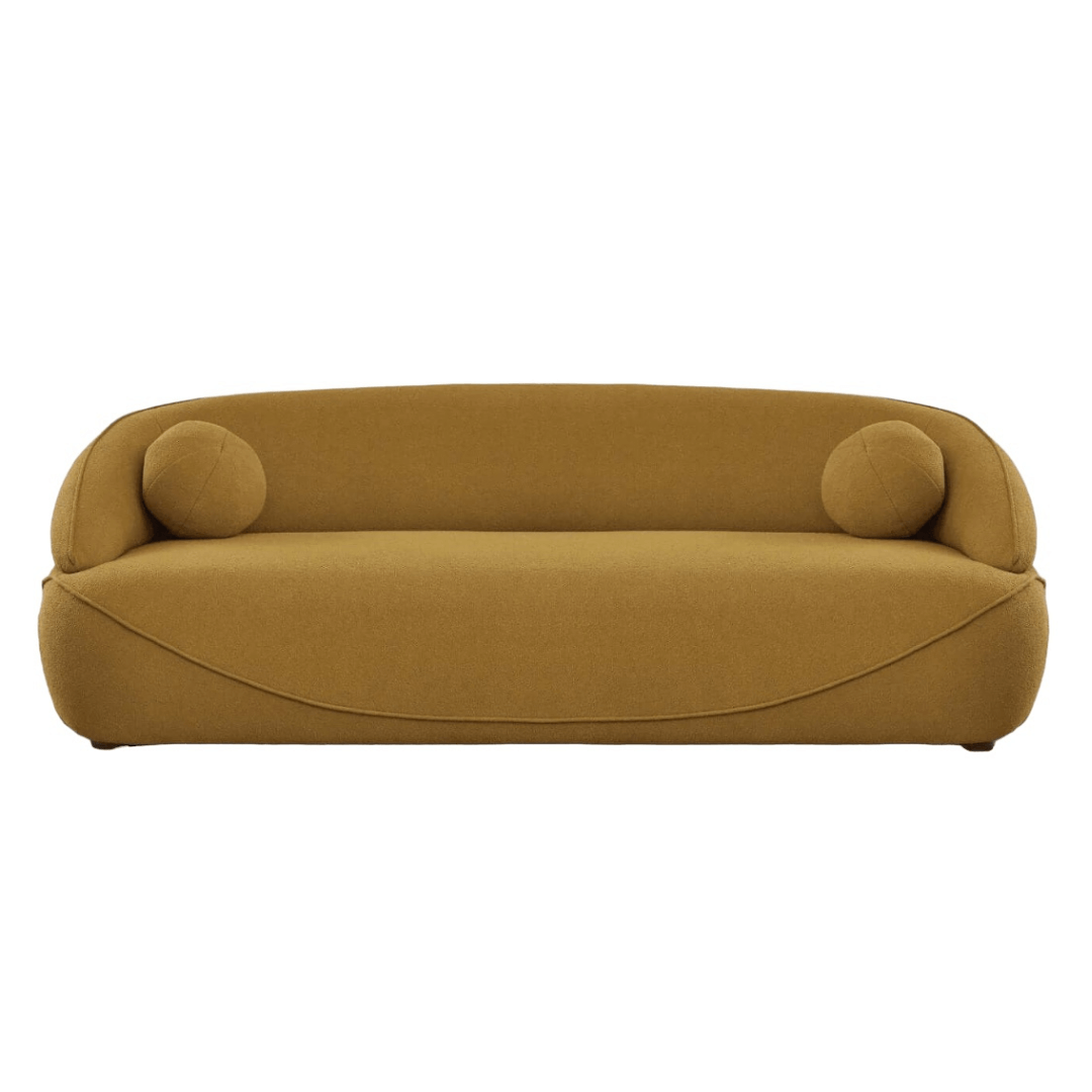 Modern Curved Boucle Sofa 84” (3 Colors) – Andrew Minimalist Sculptural Couch in warm yellow boucle upholstery.