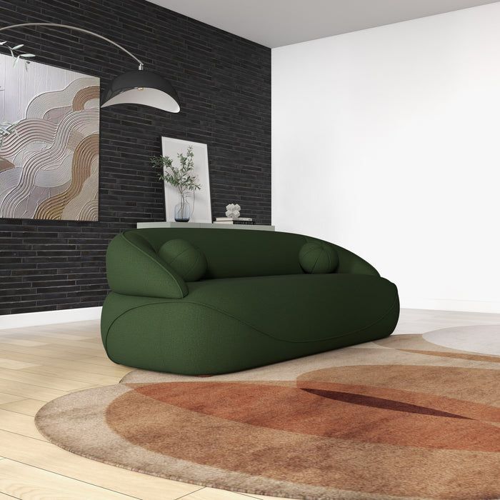 Modern Curved Boucle Sofa 84” (3 Colors) – Andrew Minimalist Sculptural Couch in green with chic decor.