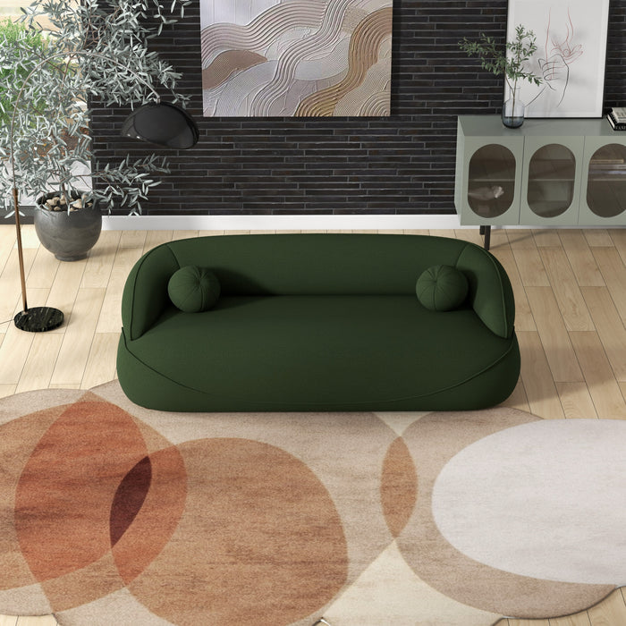 Modern Curved Boucle Sofa 84” (3 Colors) – Andrew Minimalist Sculptural Couch in stylish green upholstery.