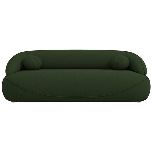 Modern Curved Boucle Sofa 84” (3 Colors) – Andrew Minimalist Sculptural Couch in green upholstery.