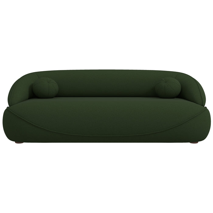 Modern Curved Boucle Sofa 84” (3 Colors) – Andrew Minimalist Sculptural Couch in green upholstery.