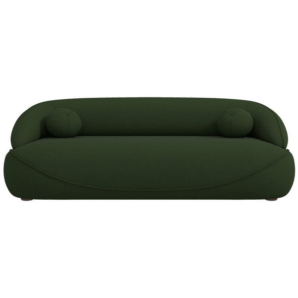 Modern Curved Boucle Sofa 84” (3 Colors) – Andrew Minimalist Sculptural Couch in green upholstery.