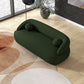 Modern Curved Boucle Sofa 84” (3 Colors) – Andrew Minimalist Sculptural Couch in green fabric with round cushions.