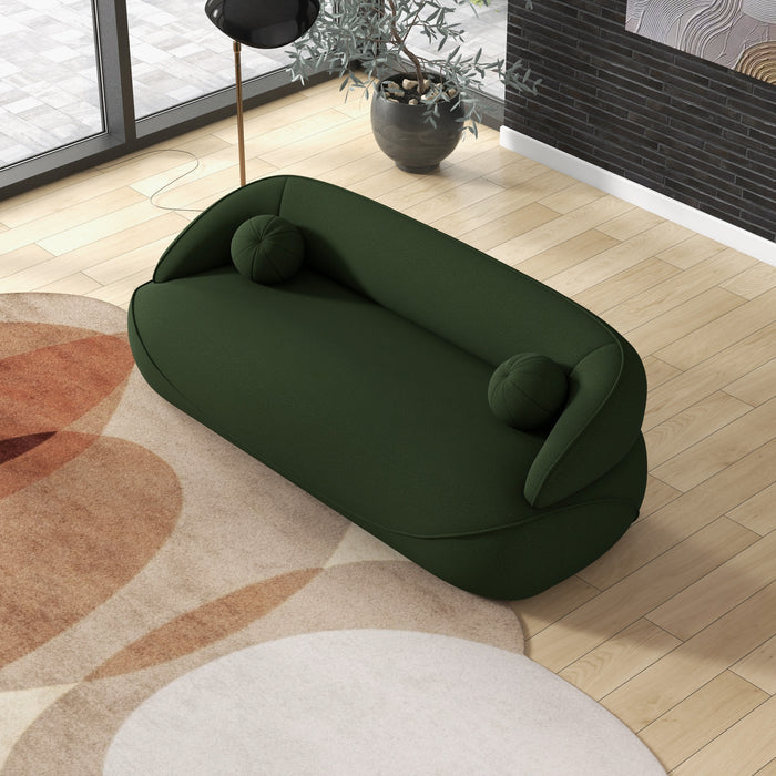 Modern Curved Boucle Sofa 84” (3 Colors) – Andrew Minimalist Sculptural Couch in green fabric with round cushions.